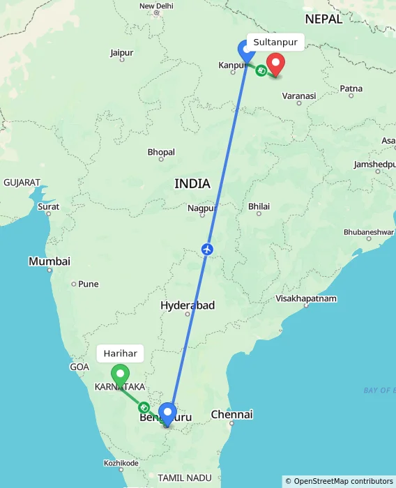 Route map showing distance and travel time from Harihar, India to Sultanpur, India