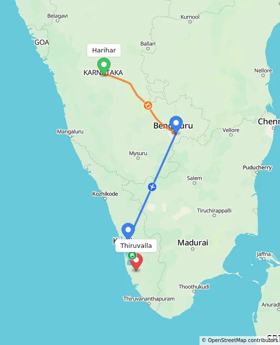 Route map showing distance and travel time from Harihar, India to Thiruvalla, India