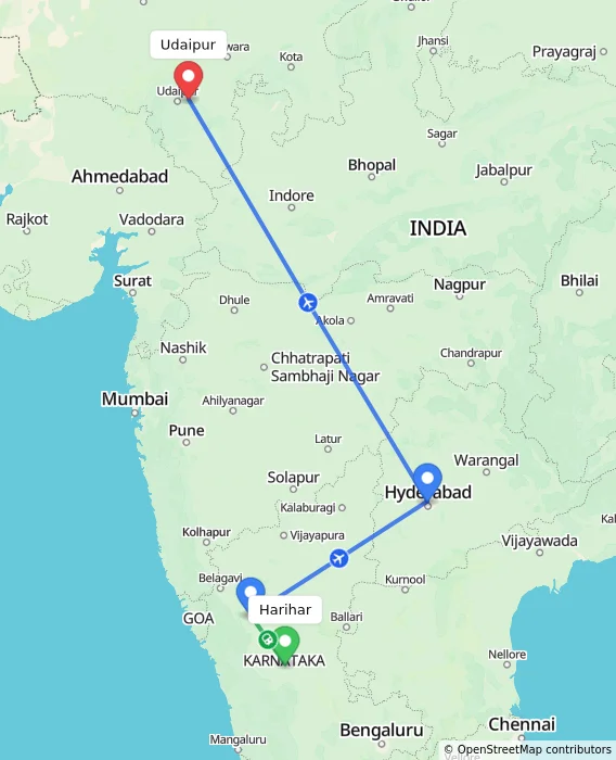 Route map showing distance and travel time from Harihar, India to Udaipur, India