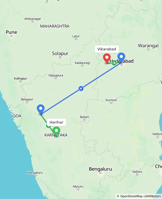 Route map showing distance and travel time from Harihar, India to Vikarabad, India
