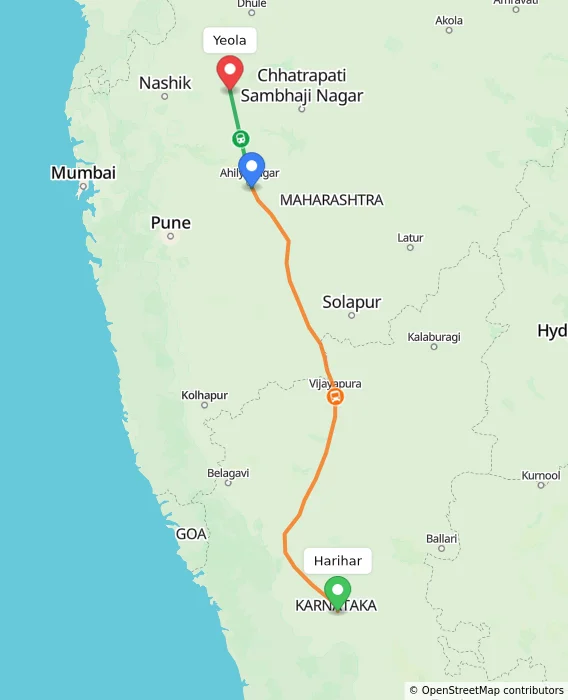 Route map showing distance and travel time from Harihar, India to Yeola, India
