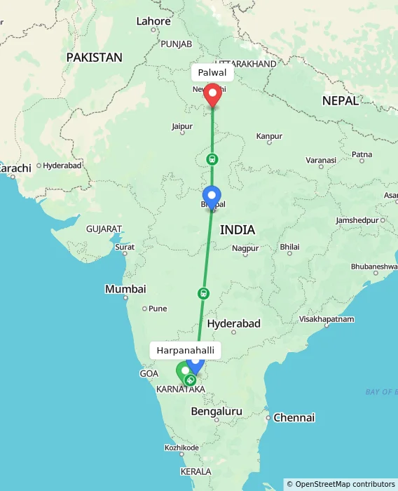 Route map showing distance and travel time from Harpanahalli, India to Palwal, India