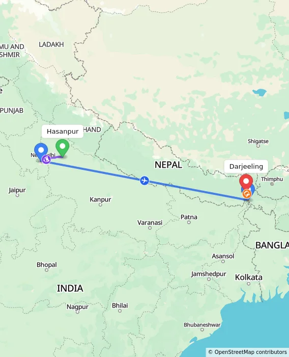 Route map showing distance and travel time from Hasanpur, India to Darjeeling, India