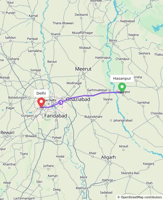 Route map showing distance and travel time from Hasanpur, India to Delhi, India