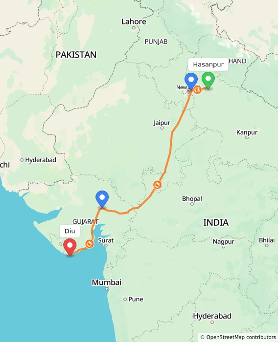 Route map showing distance and travel time from Hasanpur, India to Diu, India