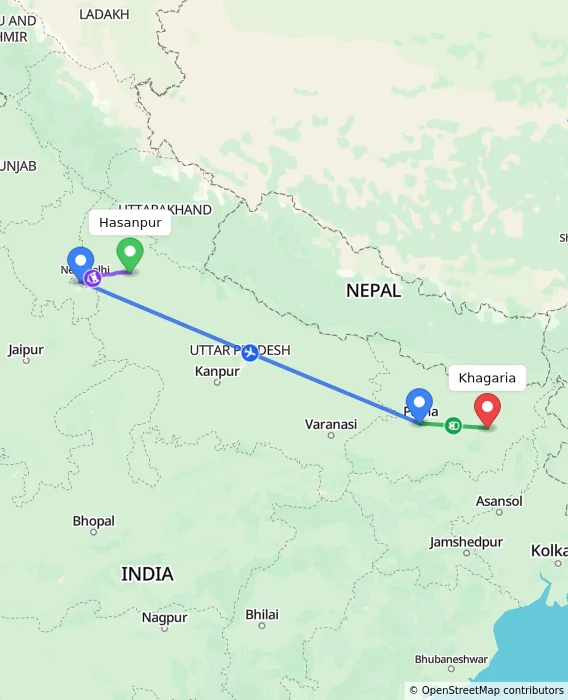 Route map showing distance and travel time from Hasanpur, India to Khagaria, India