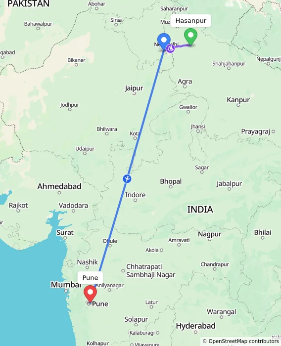 Route map showing distance and travel time from Hasanpur, India to Pune, India