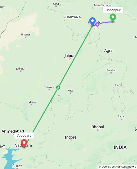 Route map showing distance and travel time from Hasanpur, India to Vadodara, India