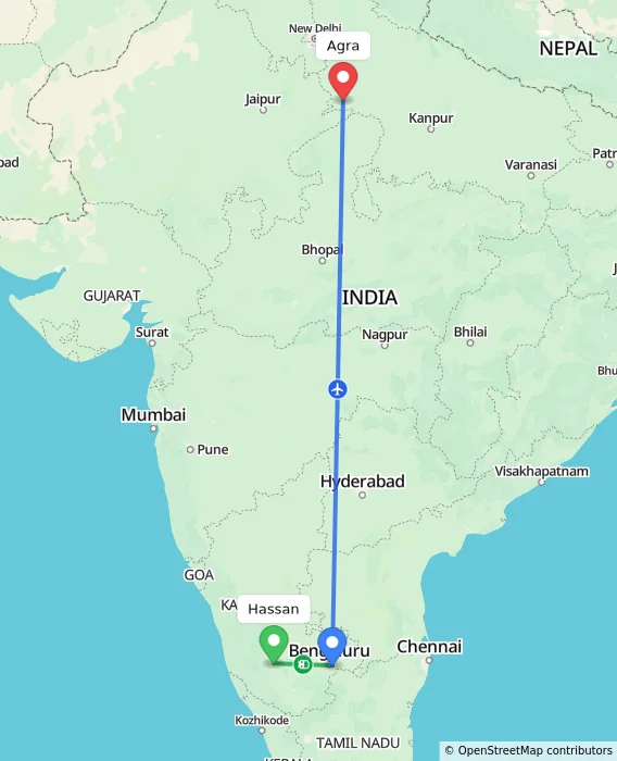 Route map showing distance and travel time from Hassan, India to Agra, India