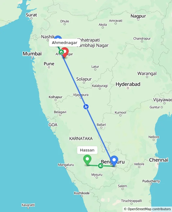 Route map showing distance and travel time from Hassan, India to Ahmednagar, India