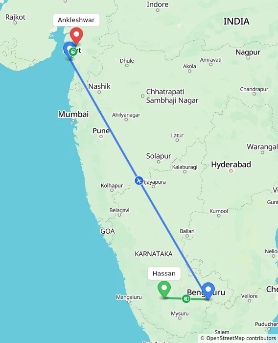 Route map showing distance and travel time from Hassan, India to Ankleshwar, India