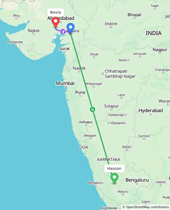 Route map showing distance and travel time from Hassan, India to Bavla, India