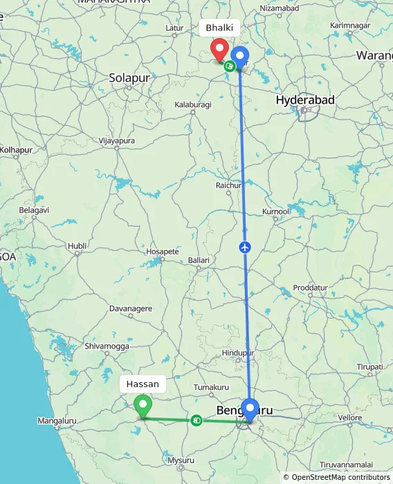 Route map showing distance and travel time from Hassan, India to Bhalki, India