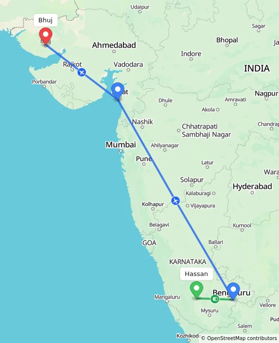 Route map showing distance and travel time from Hassan, India to Bhuj, India