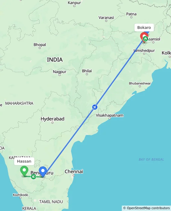 Route map showing distance and travel time from Hassan, India to Bokaro, India