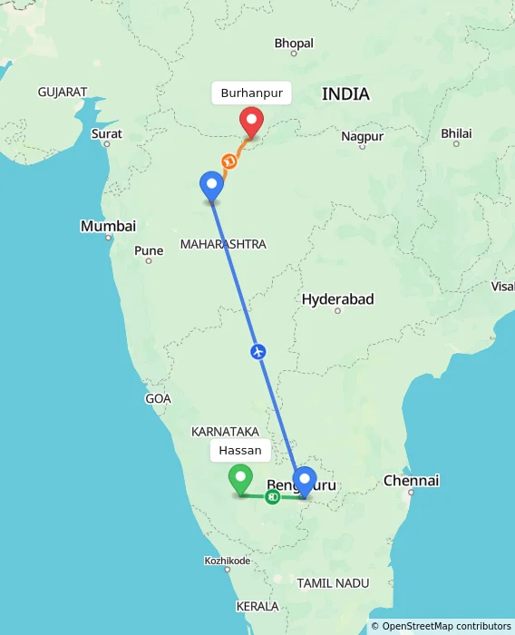 Route map showing distance and travel time from Hassan, India to Burhanpur, India