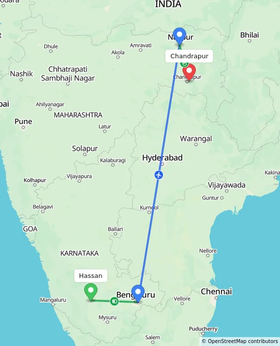 Route map showing distance and travel time from Hassan, India to Chandrapur, India