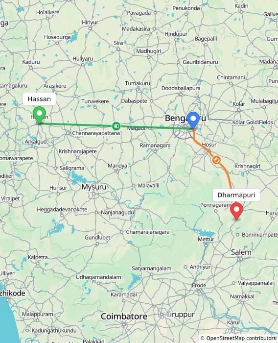 Route map showing distance and travel time from Hassan, India to Dharmapuri, India