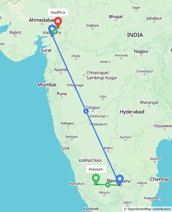 Route map showing distance and travel time from Hassan, India to Godhra, India