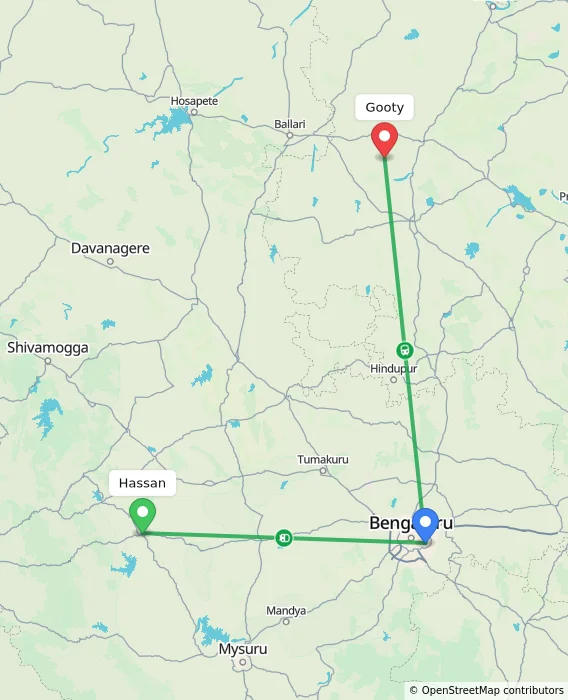 Route map showing distance and travel time from Hassan, India to Gooty, India
