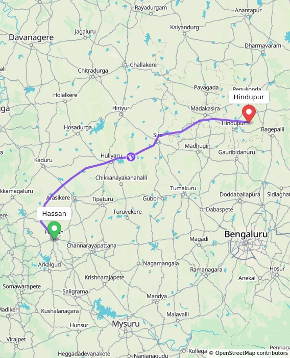 Route map showing distance and travel time from Hassan, India to Hindupur, India