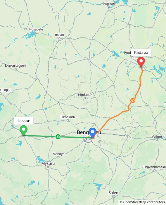 Route map showing distance and travel time from Hassan, India to Kadapa, India