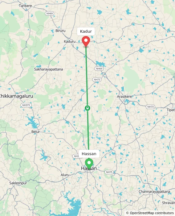 Route map showing distance and travel time from Hassan, India to Kadur, India