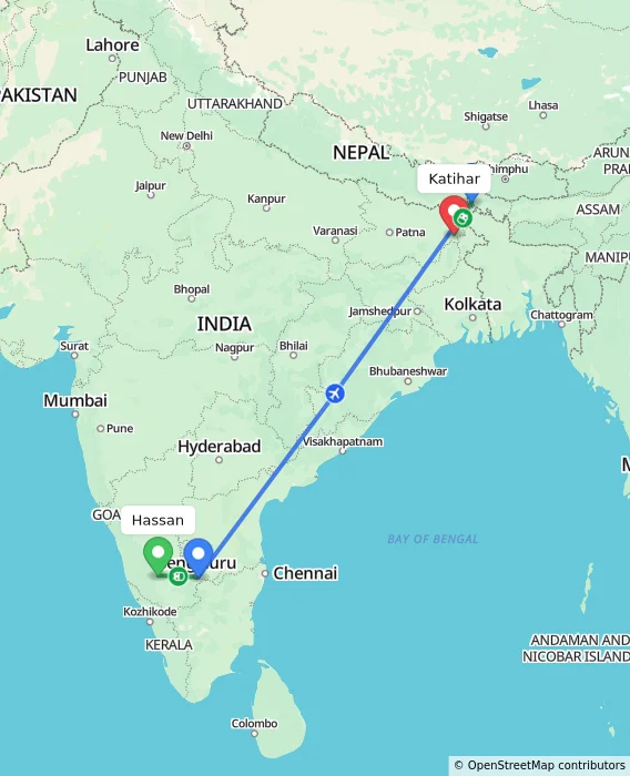 Route map showing distance and travel time from Hassan, India to Katihar, India