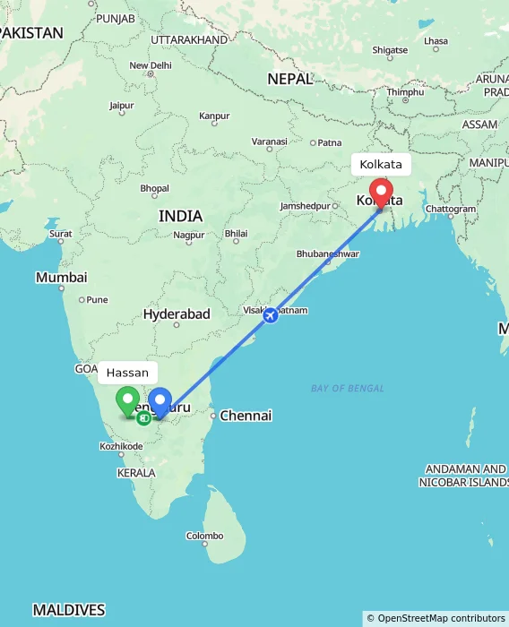 Route map showing distance and travel time from Hassan, India to Kolkata, India