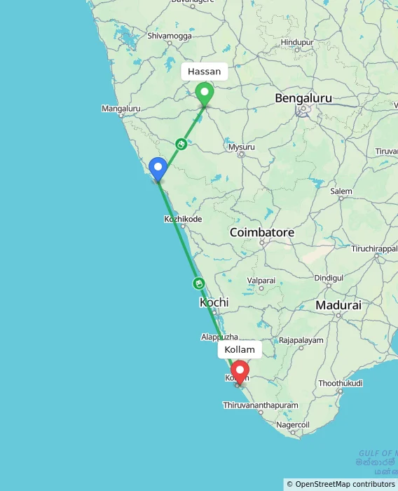 Route map showing distance and travel time from Hassan, India to Kollam, India