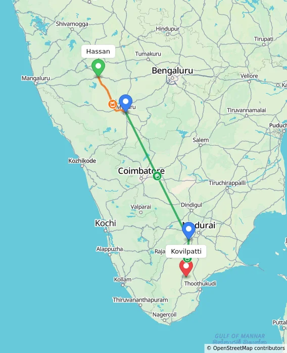 Route map showing distance and travel time from Hassan, India to Kovilpatti, India