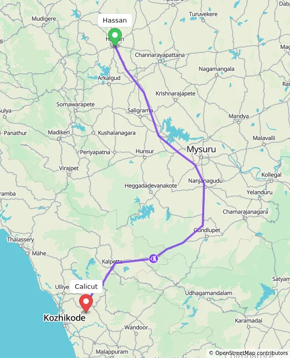 Route map showing distance and travel time from Hassan, India to Kozhikode, India