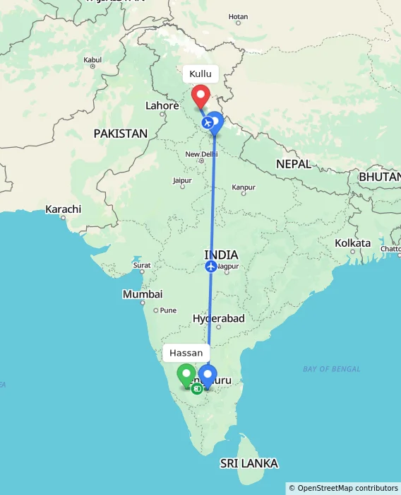 Route map showing distance and travel time from Hassan, India to Kullu, India