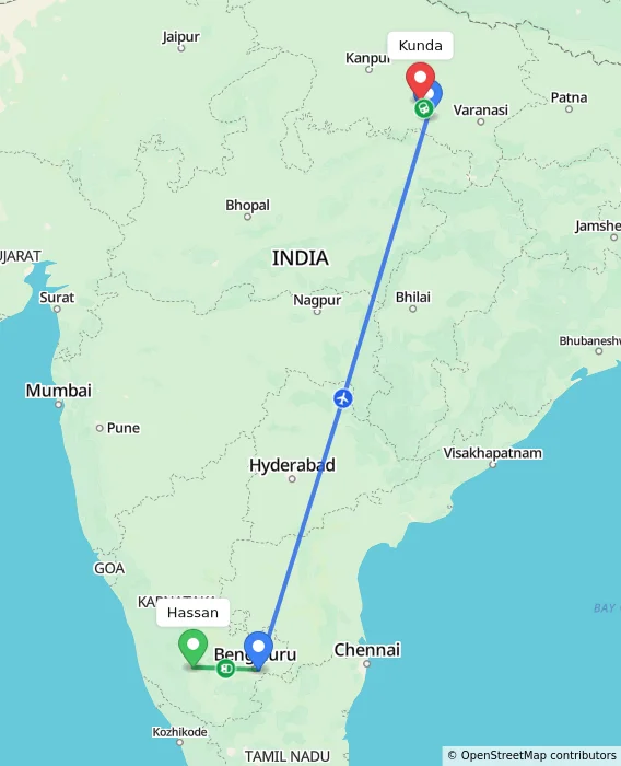 Route map showing distance and travel time from Hassan, India to Kunda, India