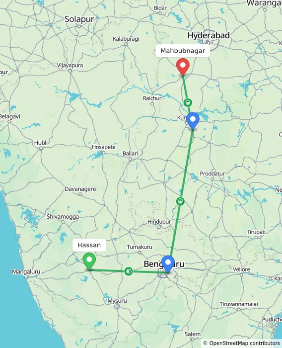 Route map showing distance and travel time from Hassan, India to Mahbubnagar, India