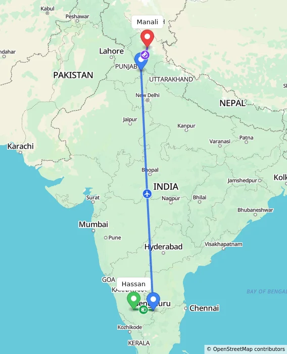 Route map showing distance and travel time from Hassan, India to Manali, India