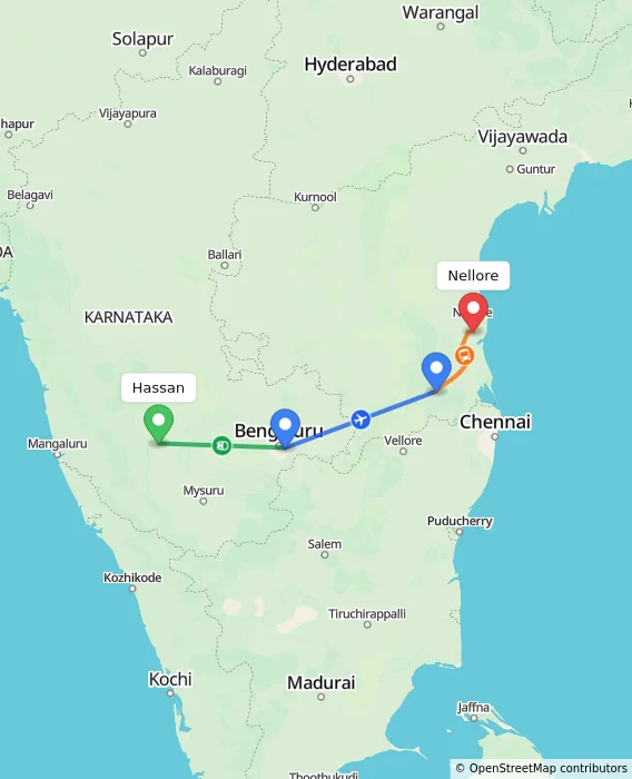 Route map showing distance and travel time from Hassan, India to Nellore, India