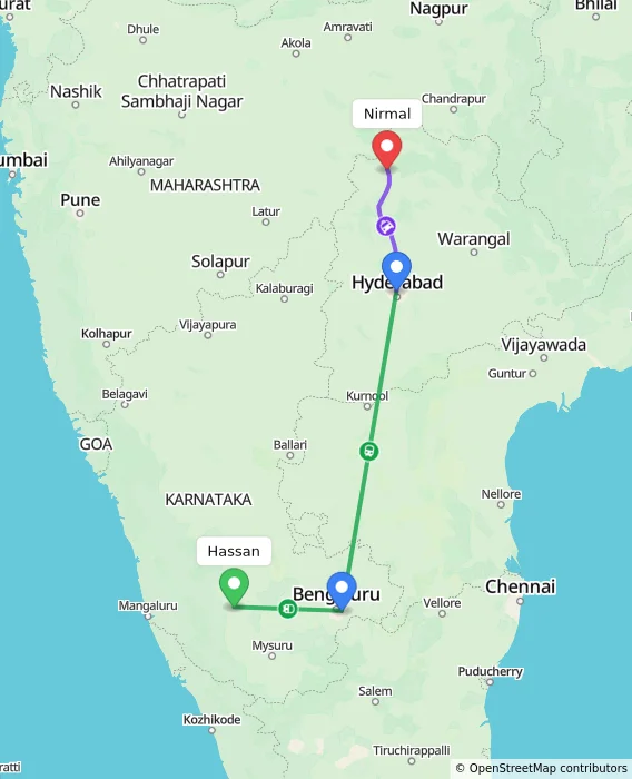 Route map showing distance and travel time from Hassan, India to Nirmal, India