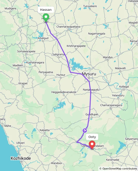 Route map showing distance and travel time from Hassan, India to Ooty, India