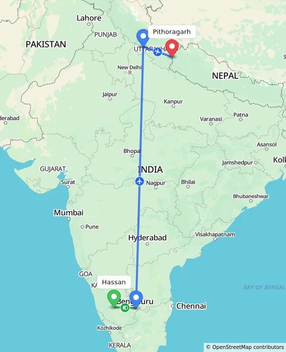 Route map showing distance and travel time from Hassan, India to Pithoragarh, India