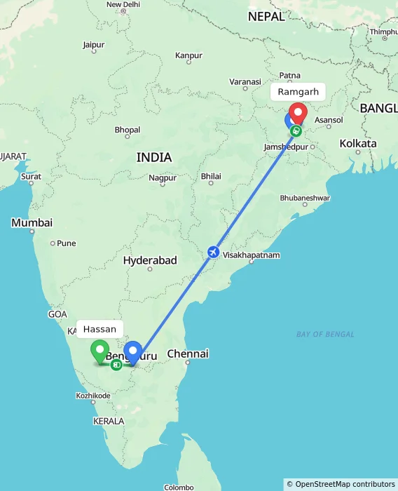 Route map showing distance and travel time from Hassan, India to Ramgarh, India