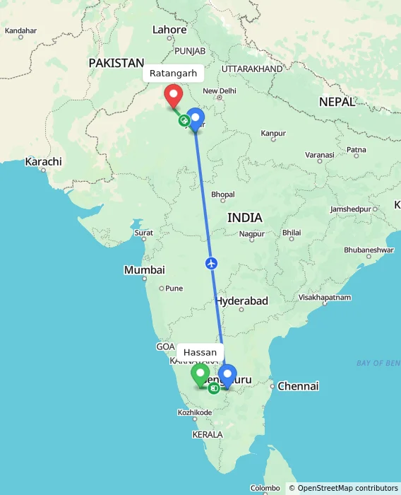 Route map showing distance and travel time from Hassan, India to Ratangarh, India
