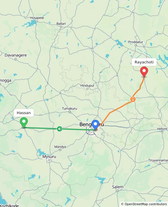 Route map showing distance and travel time from Hassan, India to Rayachoti, India