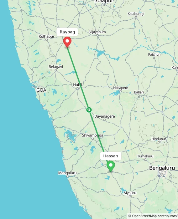 Route map showing distance and travel time from Hassan, India to Raybag, India