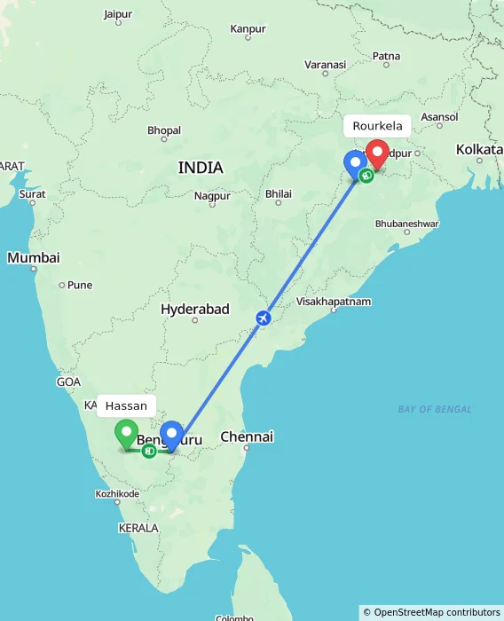 Route map showing distance and travel time from Hassan, India to Rourkela, India