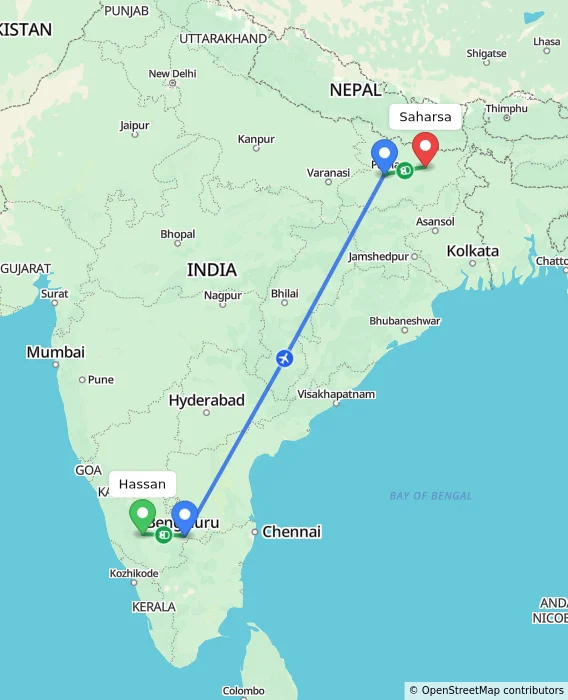 Route map showing distance and travel time from Hassan, India to Saharsa, India