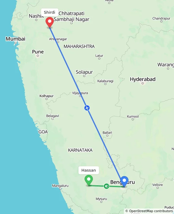Route map showing distance and travel time from Hassan, India to Shirdi, India