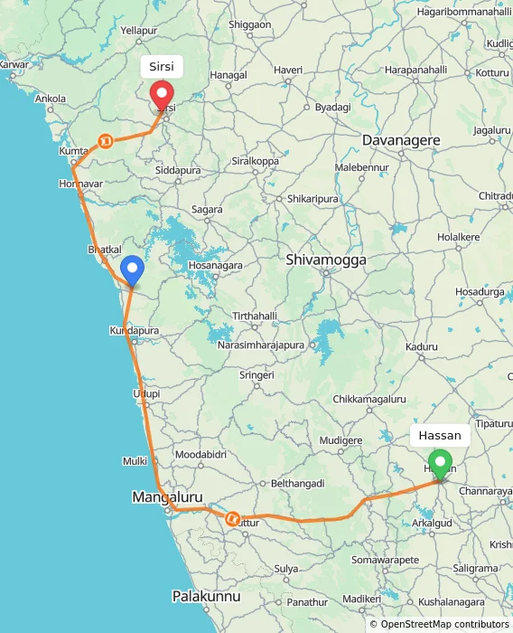 Route map showing distance and travel time from Hassan, India to Sirsi, India