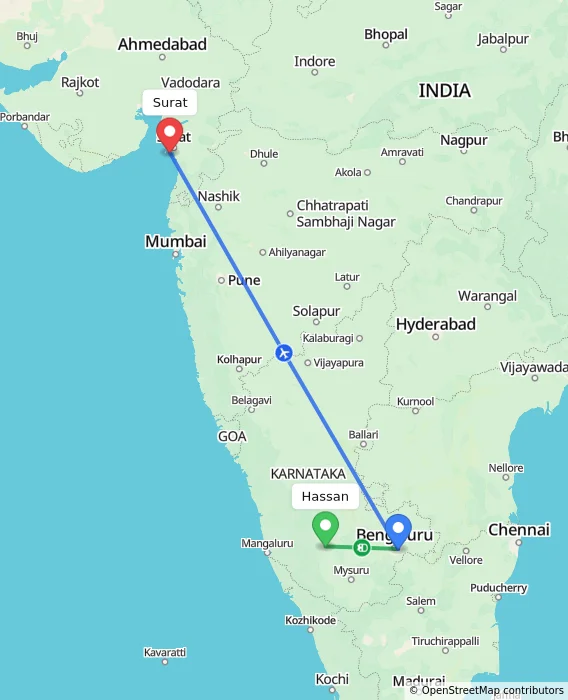 Route map showing distance and travel time from Hassan, India to Surat, India