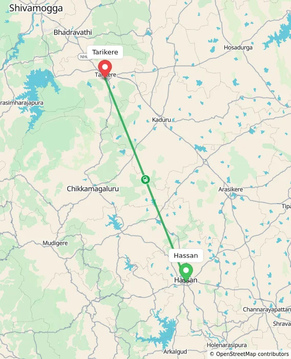 Route map showing distance and travel time from Hassan, India to Tarikere, India